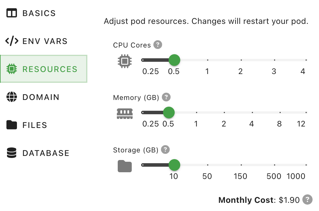 0.5 CPU cores, 0.5 GB RAM, 10GB storage - $1.90/month